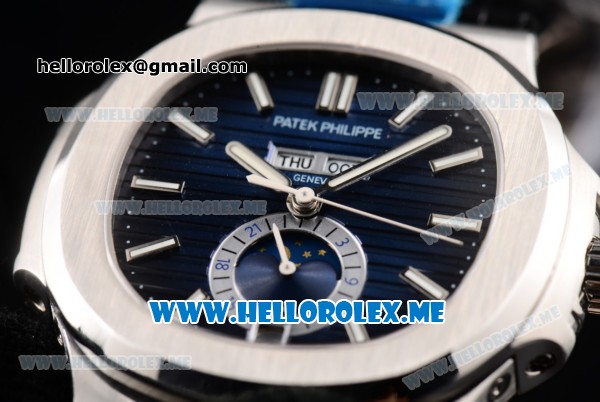 Patek Philippe Nautilus Annual Calendar Miyota 9015 Automatic Steel Case with Blue Dial Black Leather Strap and Stick Markers - Click Image to Close